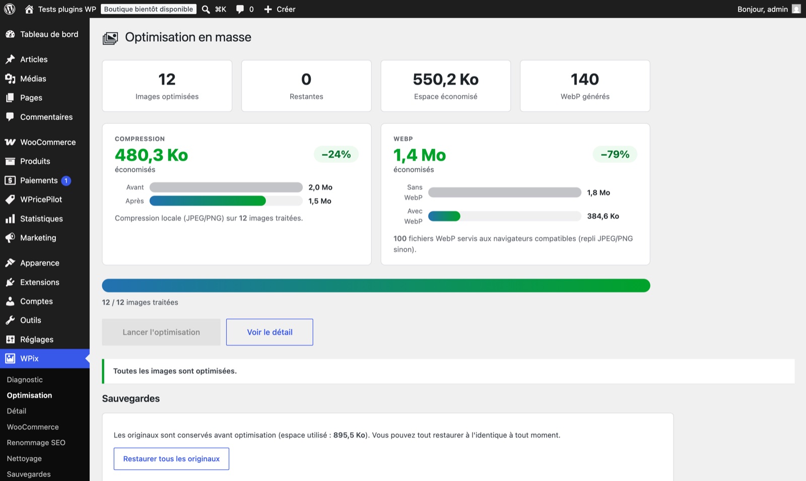 Écran d'optimisation en masse de LoviPix : images optimisées, poids économisé en compression et en WebP, sauvegardes des originaux restaurables.