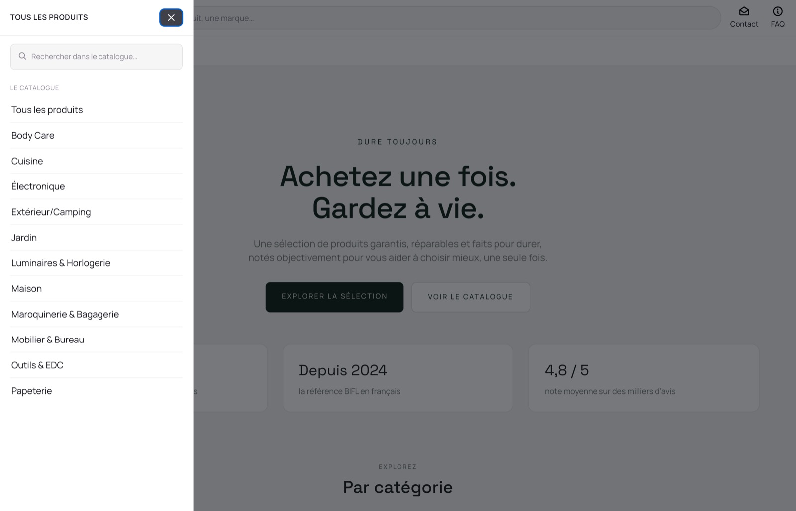 Tiroir LoviMenu ouvert sur une boutique WooCommerce réelle : champ de recherche du catalogue et liste de catégories.