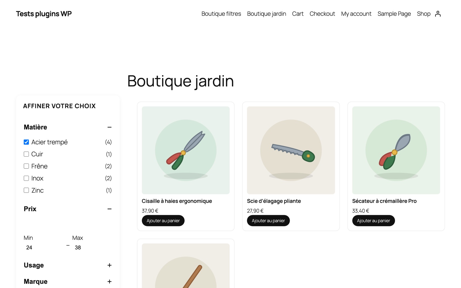 Boutique WooCommerce avec LoviFilter : filtre Matière Acier trempé coché, compteurs de facettes recalculés, 4 produits de jardinage affichés sans rechargement.