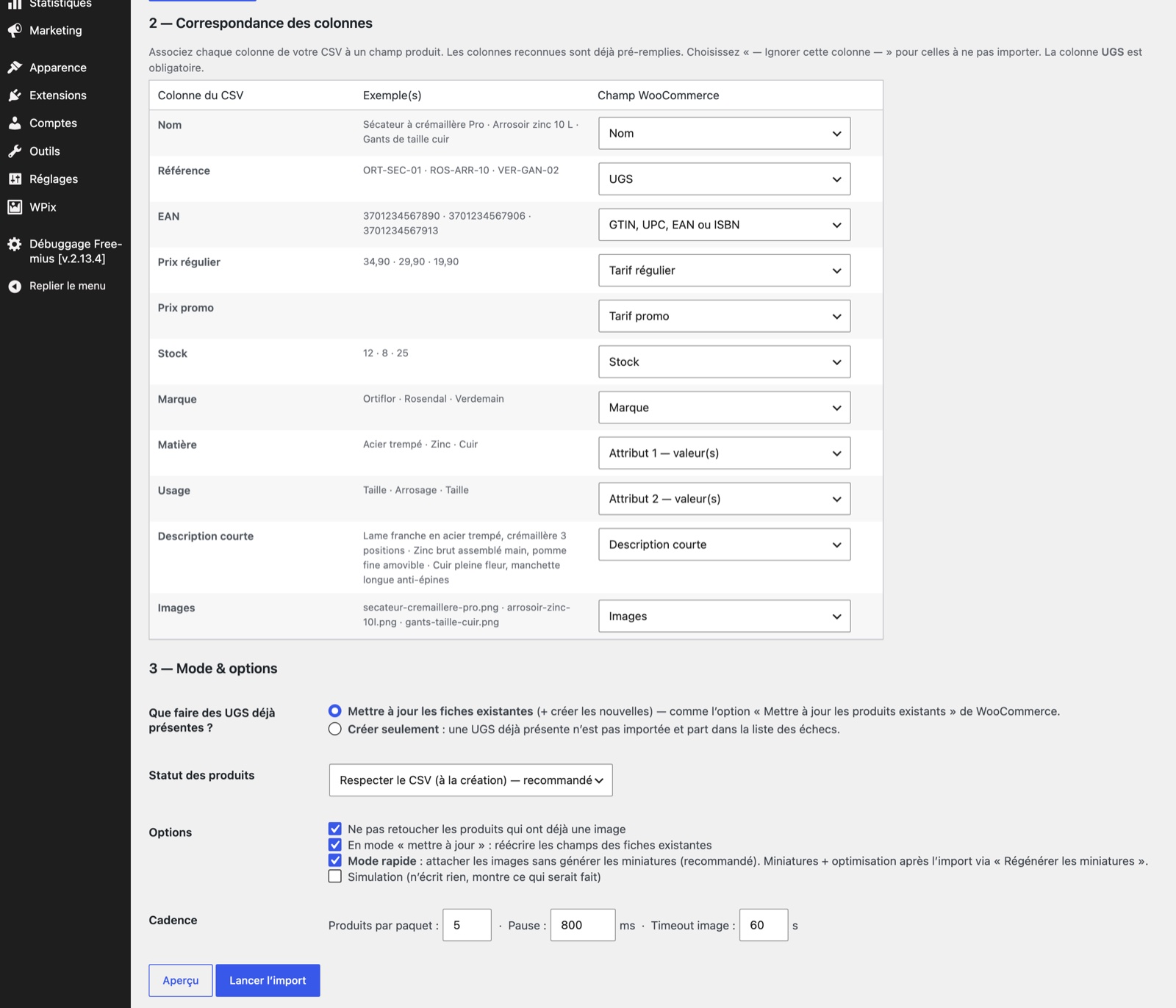 Écran de correspondance des colonnes de LoviImport : colonnes Nom, UGS, EAN, tarifs, stock, marque, attributs et images pré-associées, avec exemples de valeurs et options d'import.